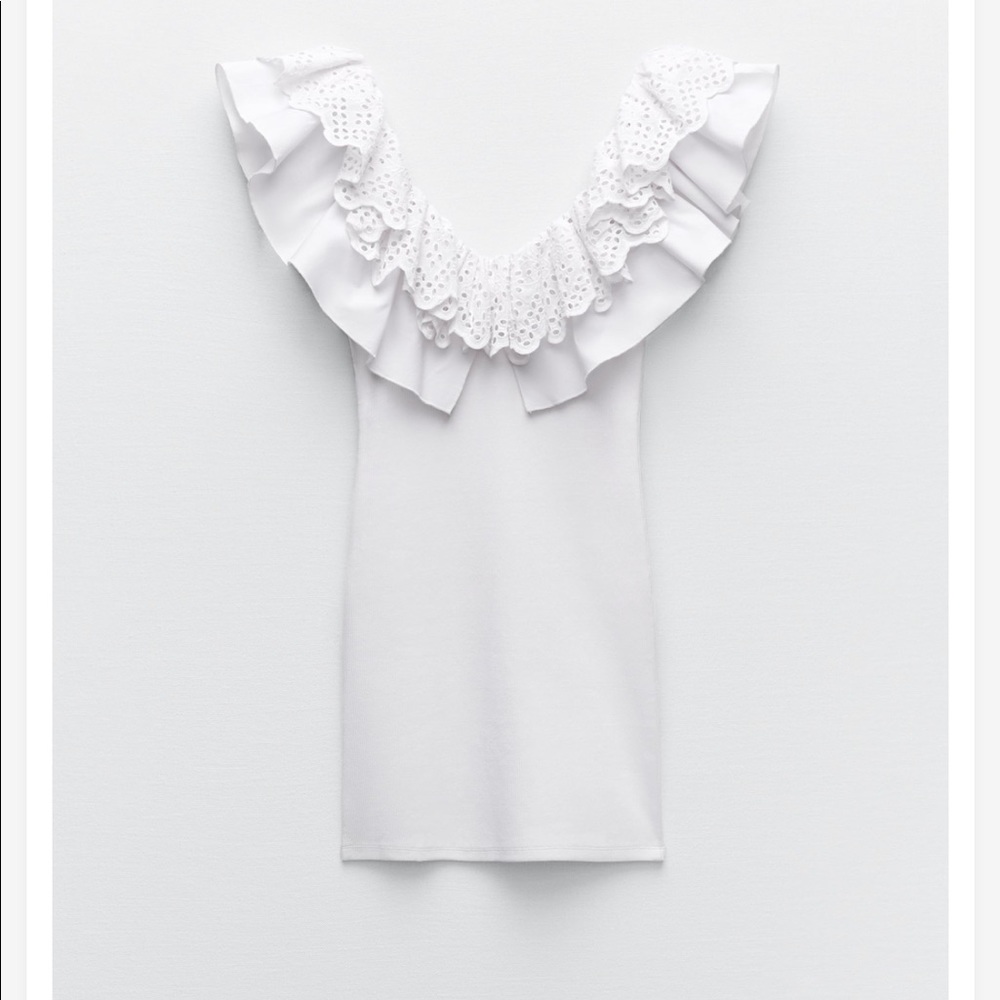 Zara White Ribbed Bodycon Ruffle Sleeve Mini Dress - NEW - S 3253806250 - Picture 4 of 8